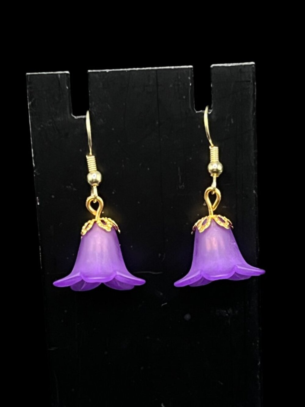 Midcentury Purple Frosted Acrylic Trumpet Flower Blossom Drop Earrings Gold